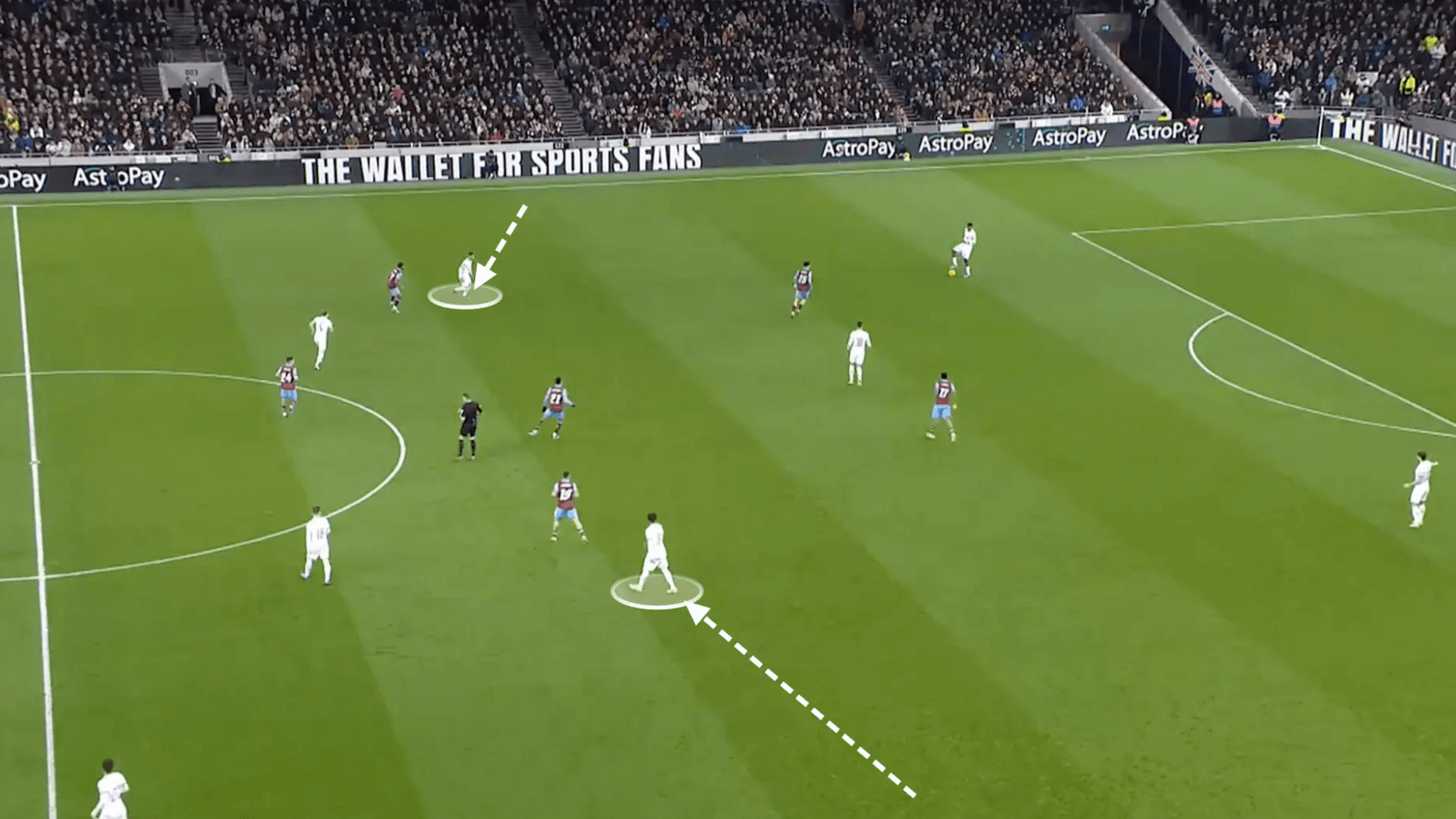 Screengrab from a Spurs match managed by Ange Postecoglu showing the inward inverting movements of both fullbacks.