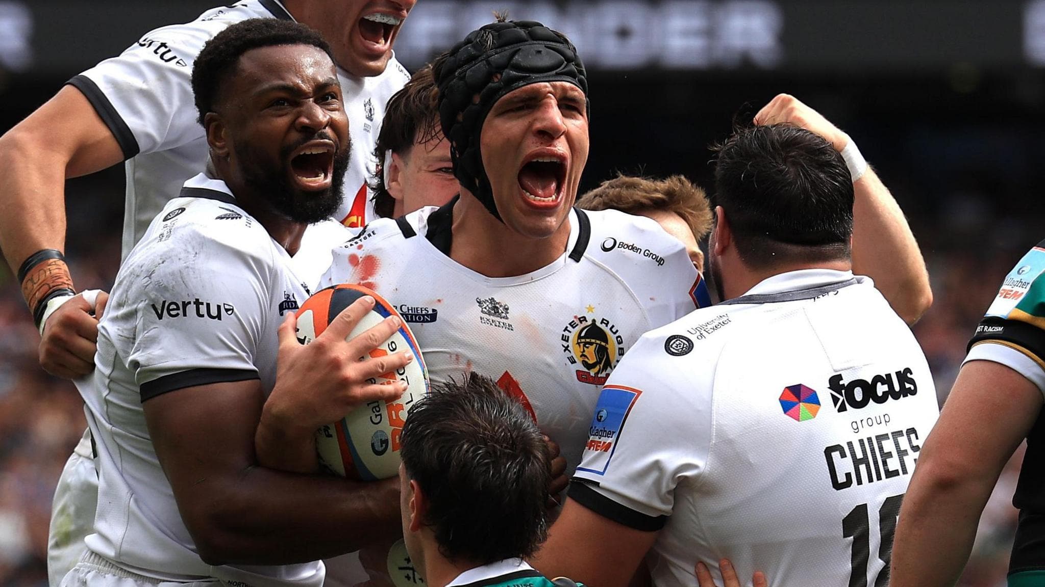 Dafydd Jenkins celebrates scoring for Exeter in the Prem final