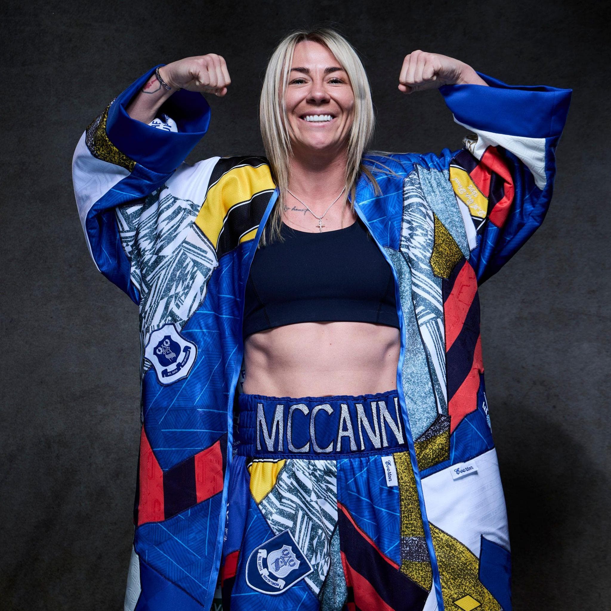 McCann is shown wearing her Everton kit for her fight this weekend, which was made using old Everton shirts as well as flags and banners from past derby games. She is nicknamed 'Meatball' because she used to work at Subway to pay the bills when she started out as an amateur MMA fighter. She will make her Liverpool boxing debut on Saturday and, so far, she has won all three of her professional fights since her switch from UFC