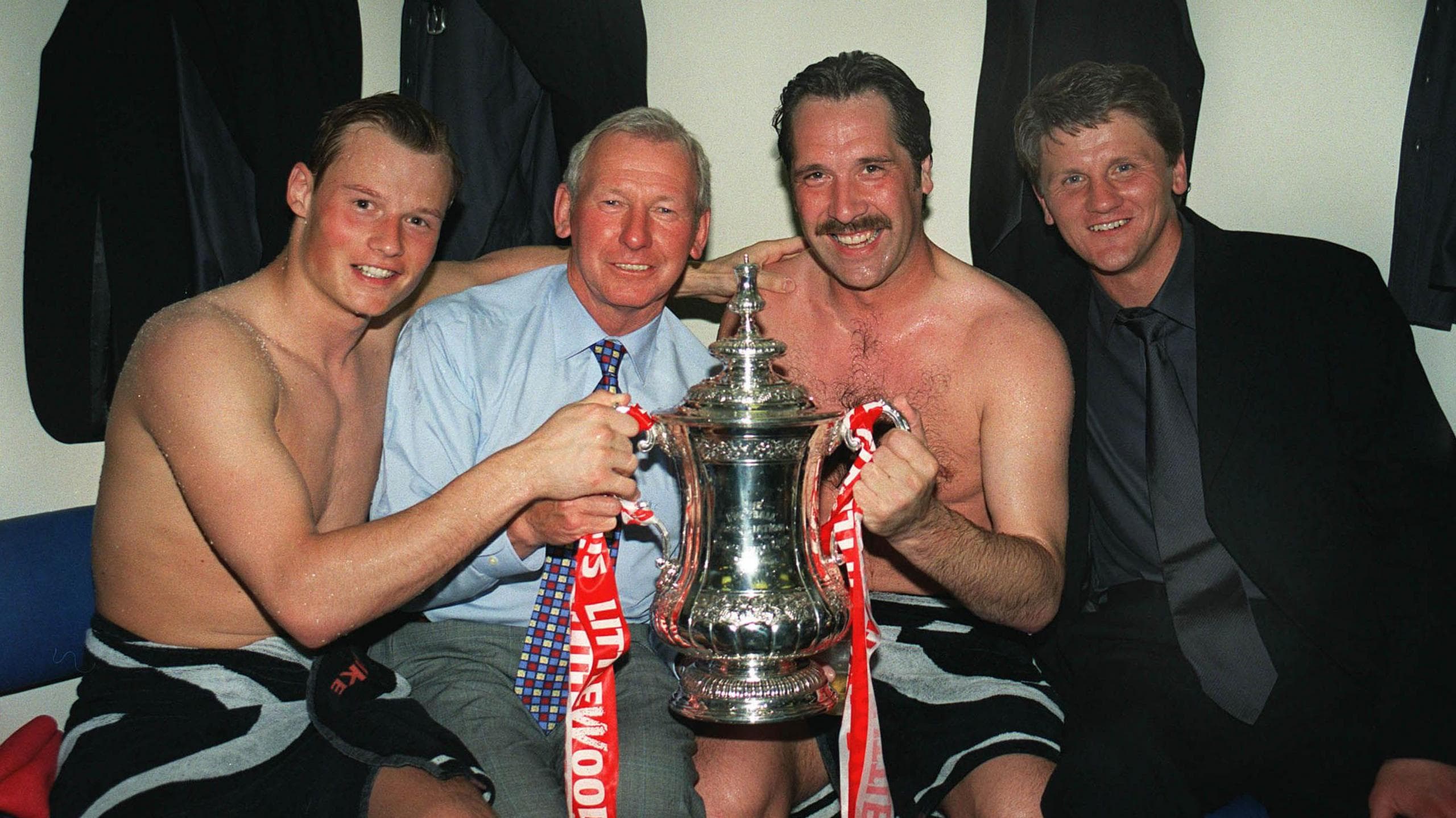 Manninger (far left) gets his hands on the FA Cup at Wembley in 1998 along with (l-r) Gunners goakeeper coach Bob Wilson, David Seaman and John Lukic