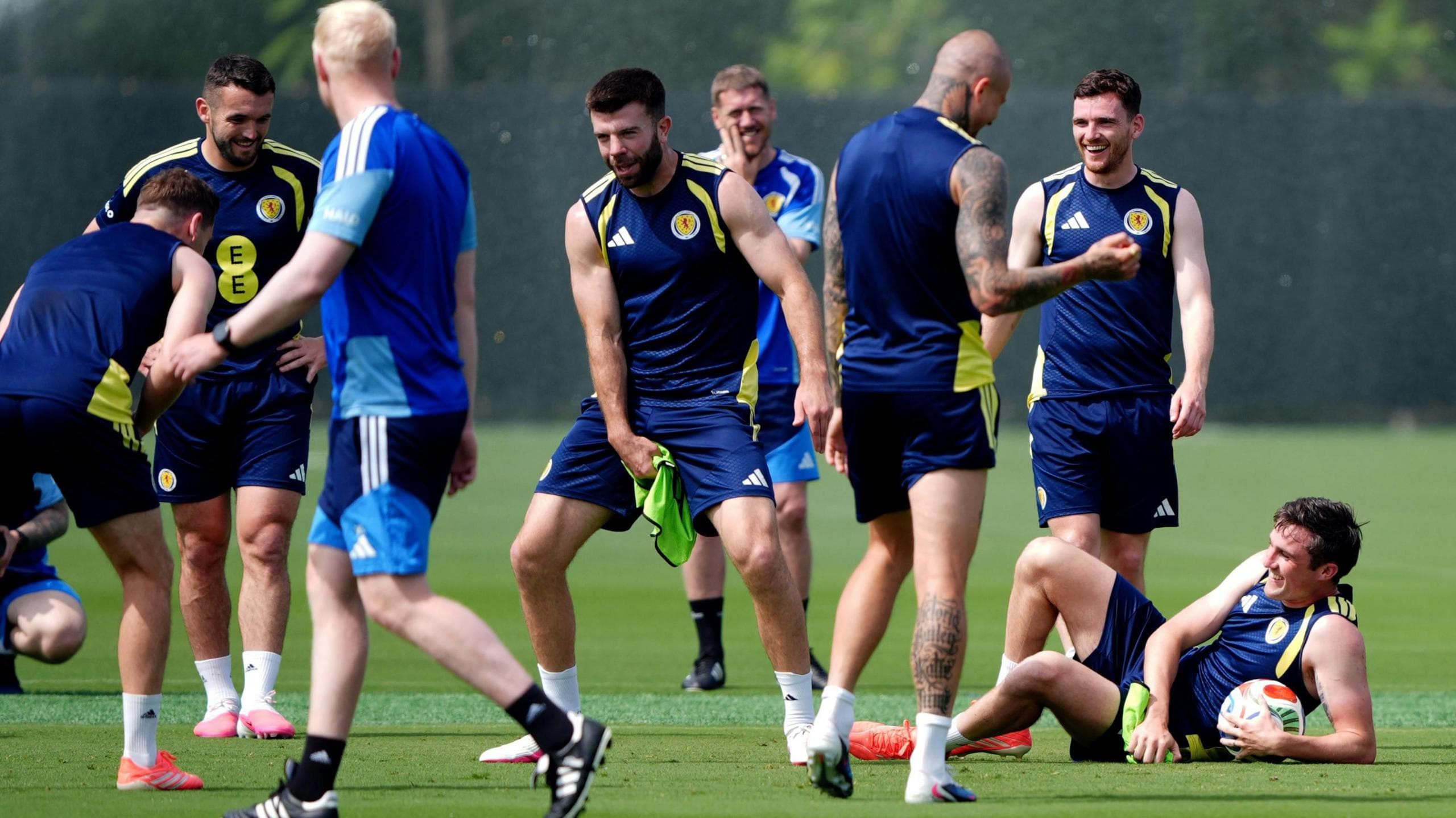 Scotland's John Souttar (on floor) during a training session at the Atrium Health Training Ground in Charlotte, North Carolina.