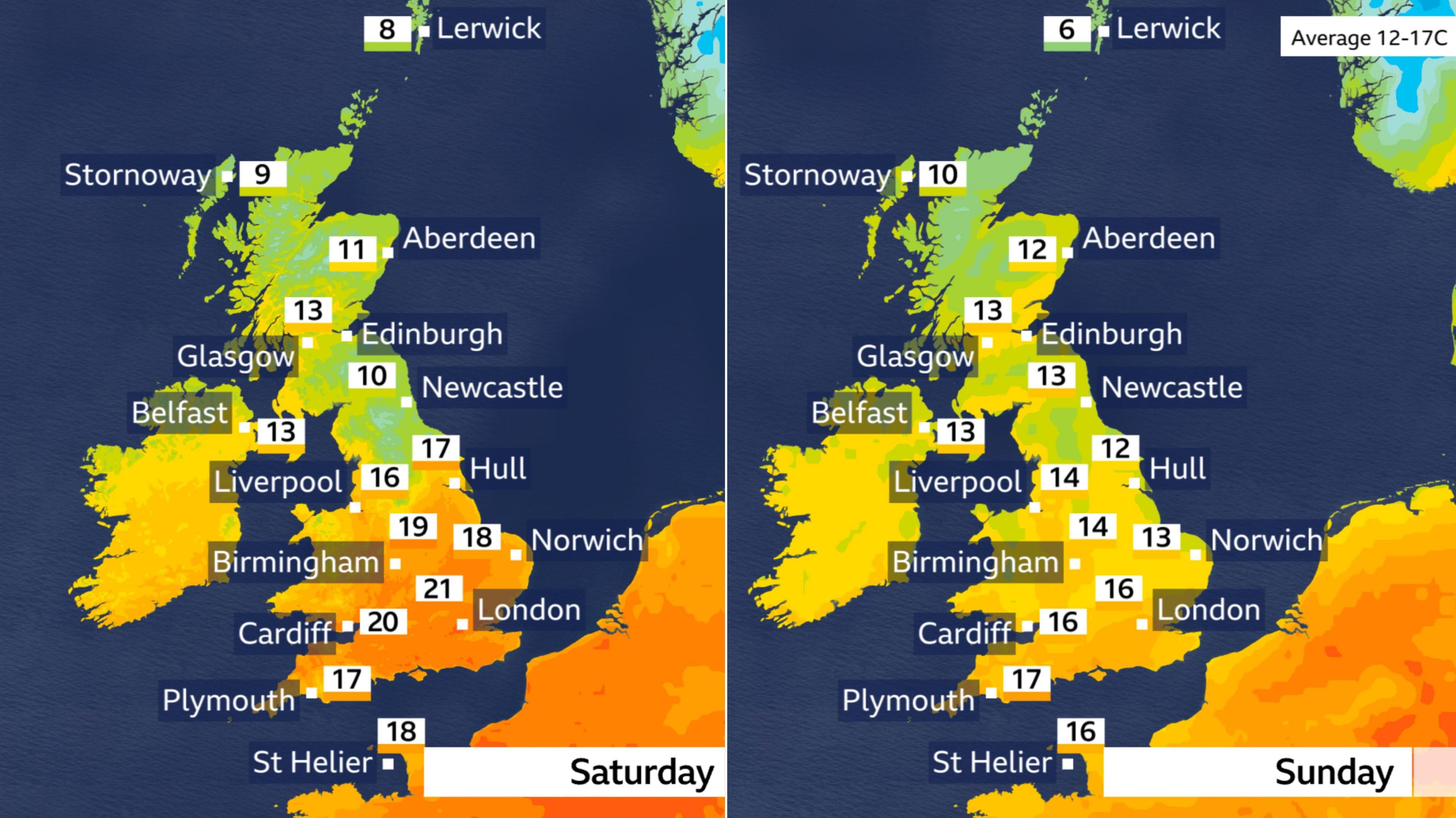 UK maps, one showing temperatures ranging from 8 Celsius in Lerwick to 21 Celsius in London on Saturday. The second may shows Sundays temperatures of between 6 Celsius in Lerwick to 17 Celsius in Plymouth. The UK May average is between 12 and 17 Celsius.