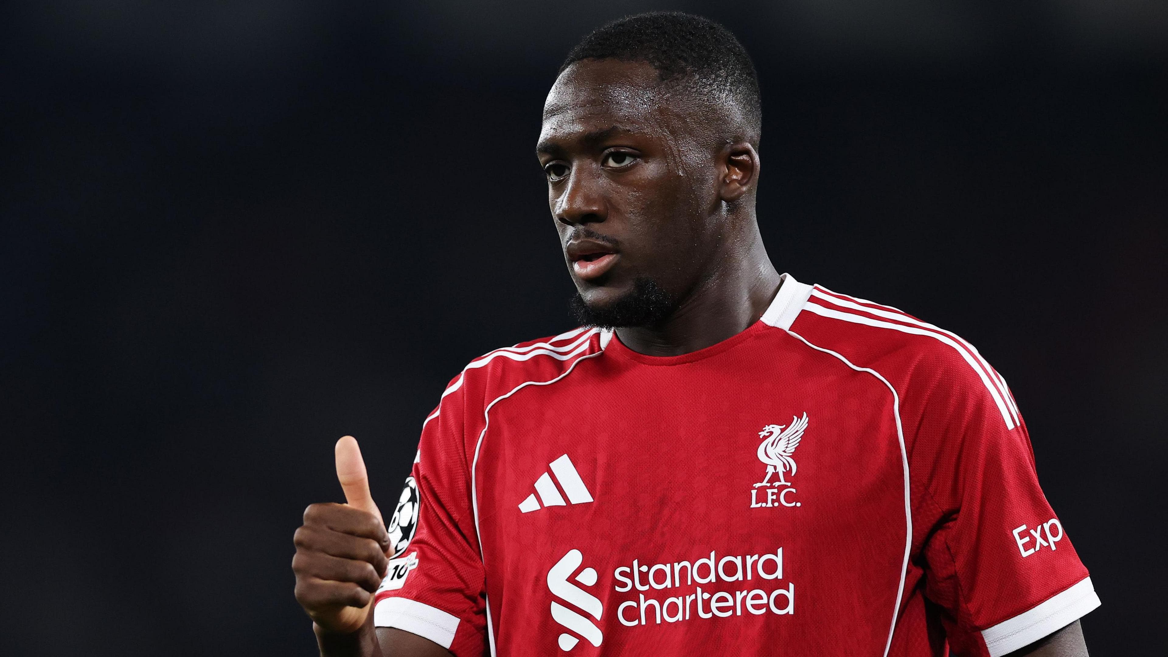 Liverpool defender Ibrahima Konate gives a thumbs up