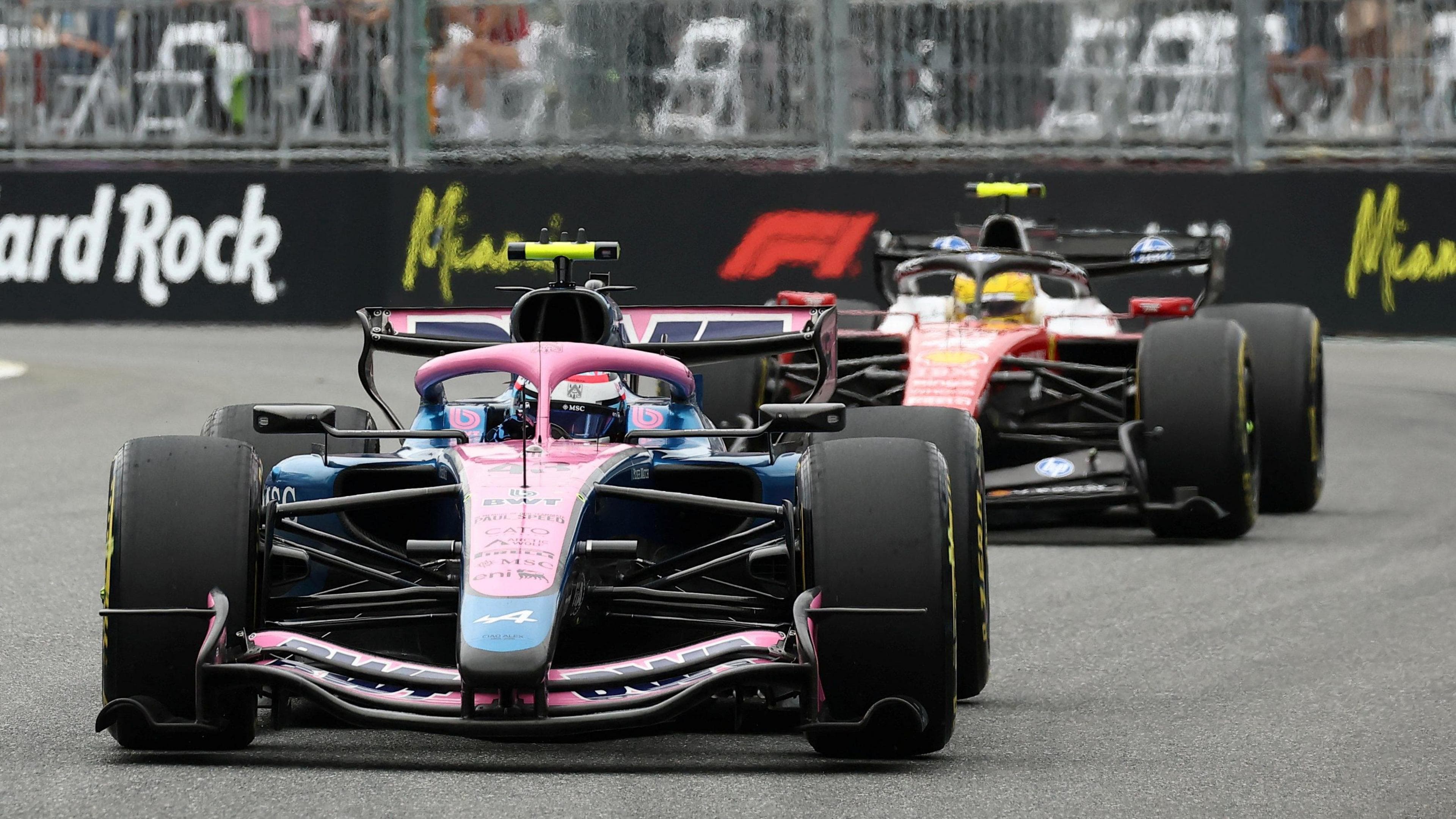 Alpine's Franco Colapinto with Ferrari's Lewis Hamilton behind him during the Miami Grand Prix