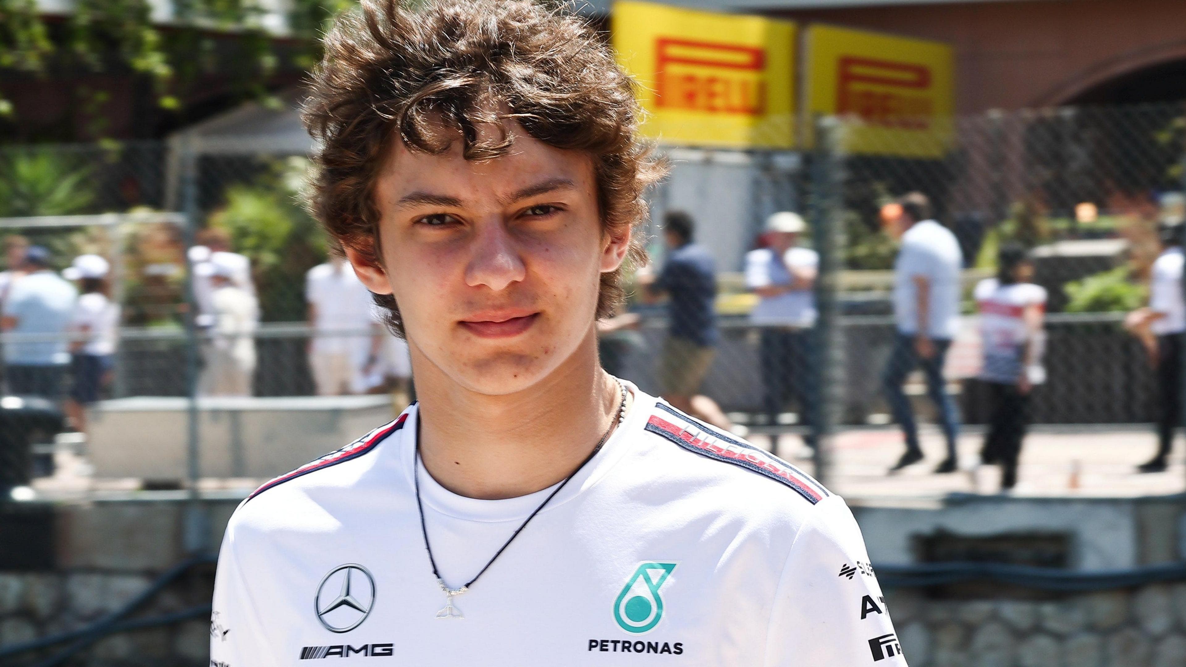 Kimi Antonelli pictures wearing a Mercedes t-shirt at Monaco in 2023, when he was 16