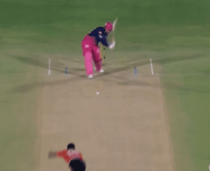 Vaibhav Sooryavanshi's bat comes into a more conventional line as he makes contact