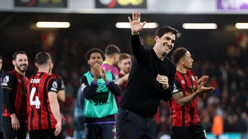 Andoni Iraola waves at the Bournemouth fans following his side's draw with Manchester City on Tuesday