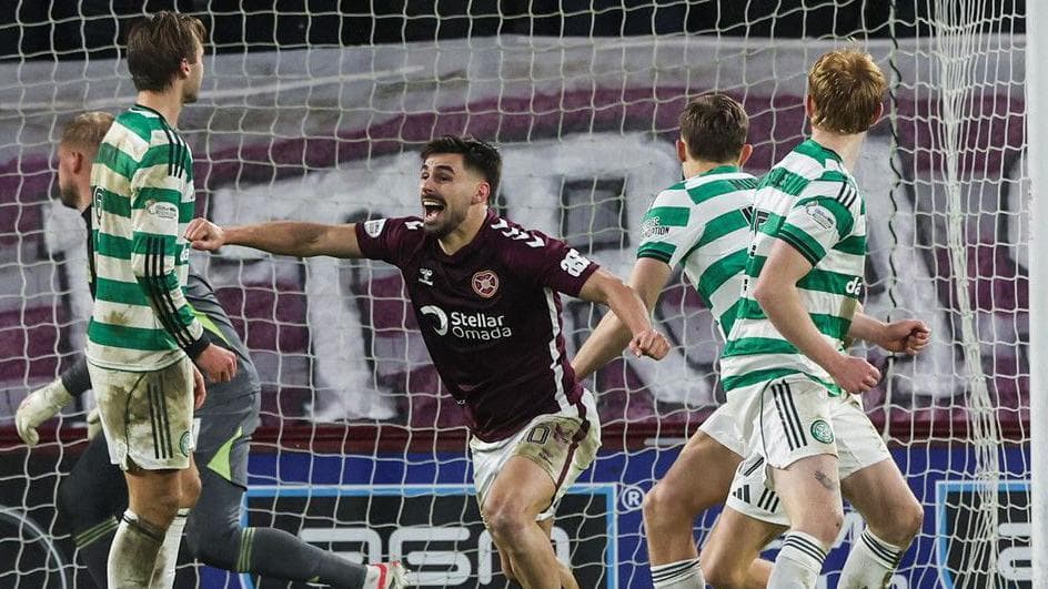 Claudio Braga scores an equaliser against Celtic at Tynecastle