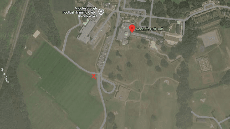 A Google Maps view showing Middlesbrough's training ground, the location of the golf club and the training pitches