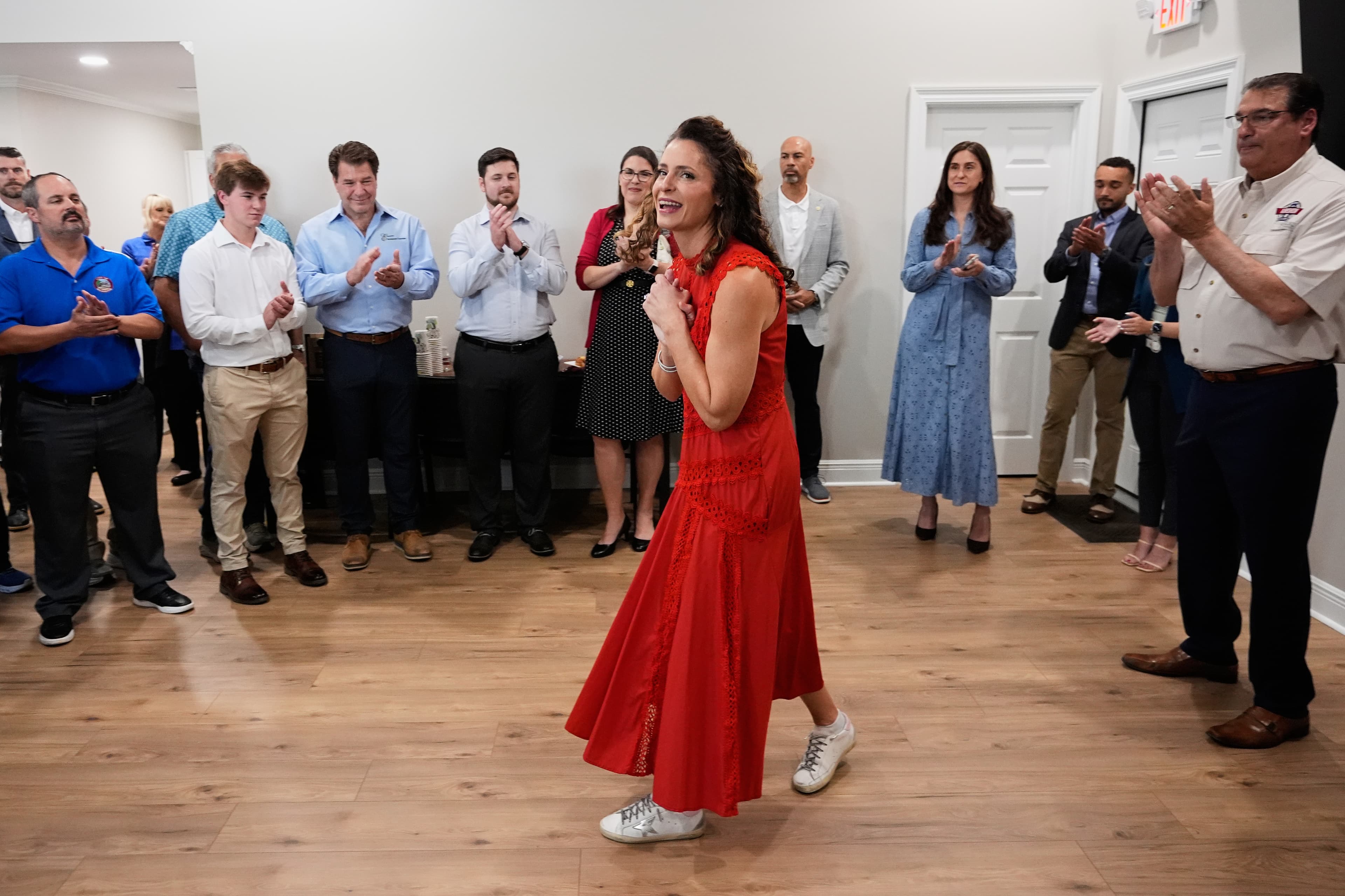 Senate candidate Julia Letlow greets supporters at a campaign stop at Hammond Northshore Regional Airport on May 6, 2026.
