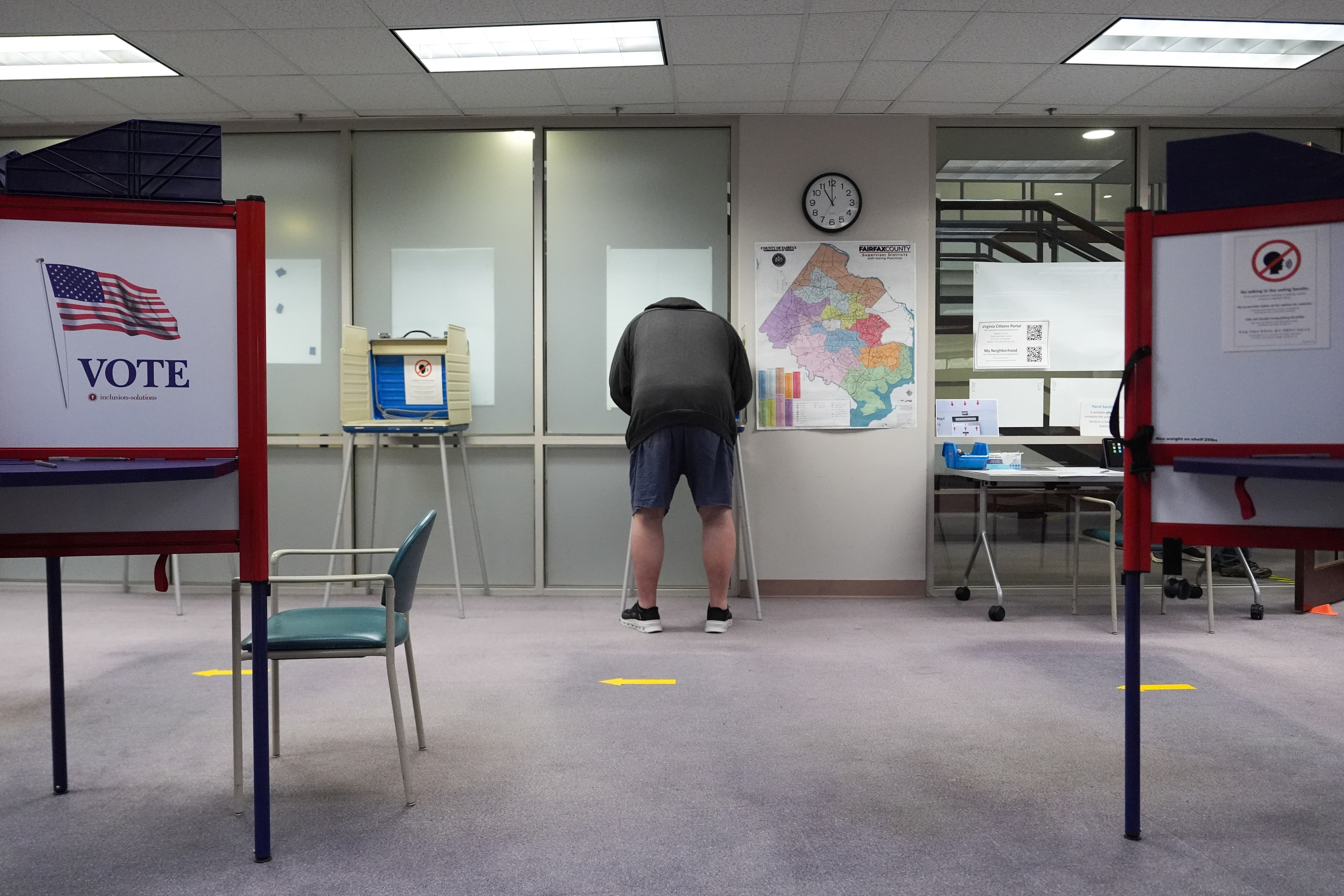 A person early votes in the Virginia redistricting referendum at the Fairfax County Government Center in Fairfax, Virginia, on April 3, 2026.