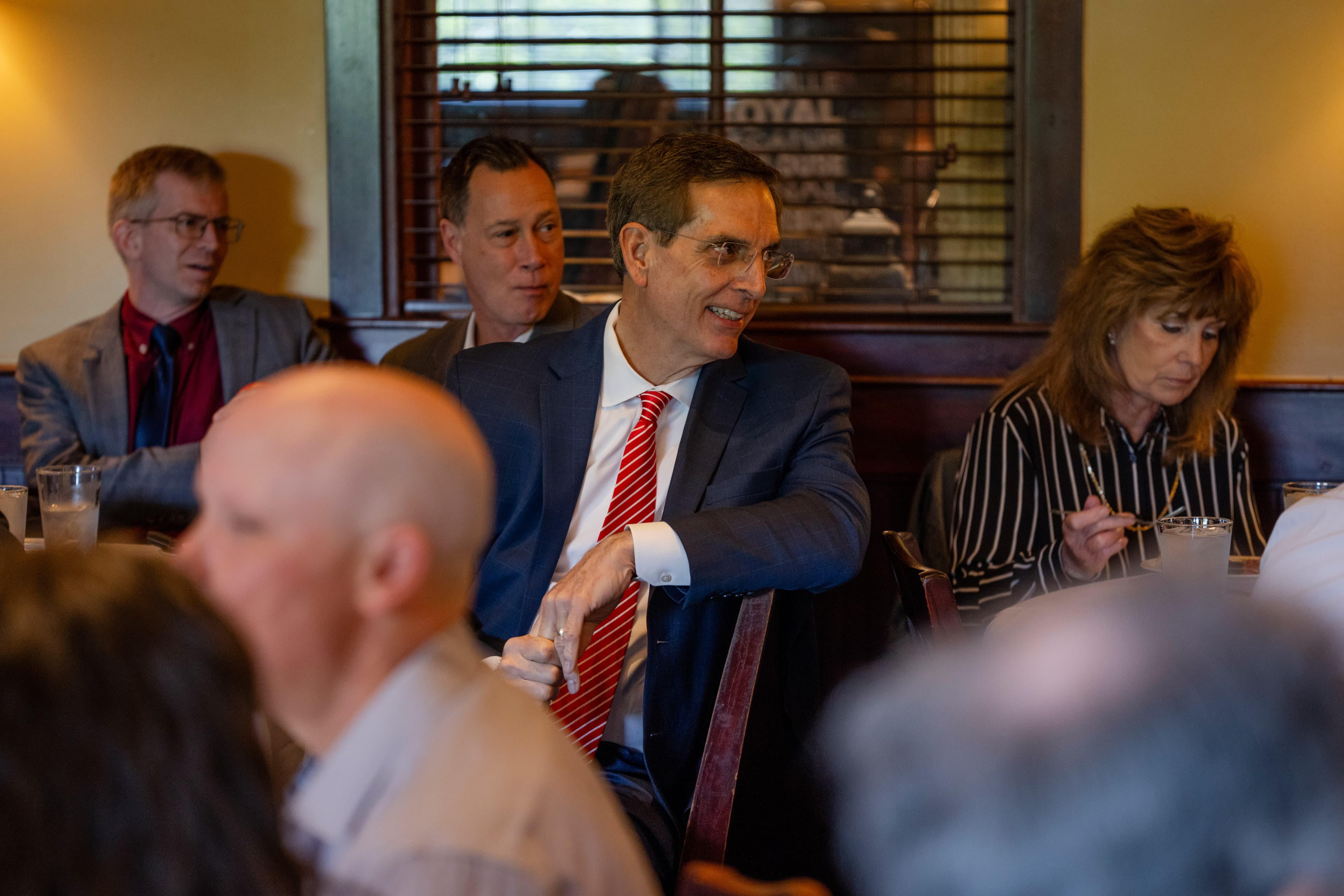 Georgia gubernatorial candidate Brad Raffensperger looks on at a campaign event with the Vinings Rotary Club at a Copeland’s of New Orleans in Atlanta, on April 8.